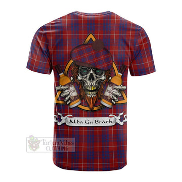 Hamilton Tartan Cotton T-shirt with Family Crest and Bearded Skull Holding Bottles of Whiskey