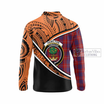 Hamilton Crest Tartan Long Sleeve Polo Shirt with Polynesian Vibes Style - Orange Version