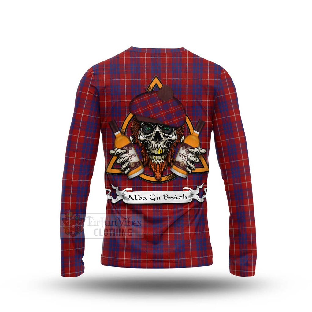 Tartan Vibes Clothing Hamilton Tartan Long Sleeve T-Shirt with Family Crest and Bearded Skull Holding Bottles of Whiskey