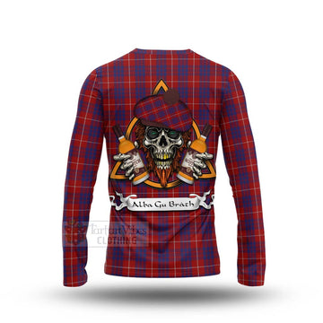 Hamilton Tartan Long Sleeve T-Shirt with Family Crest and Bearded Skull Holding Bottles of Whiskey