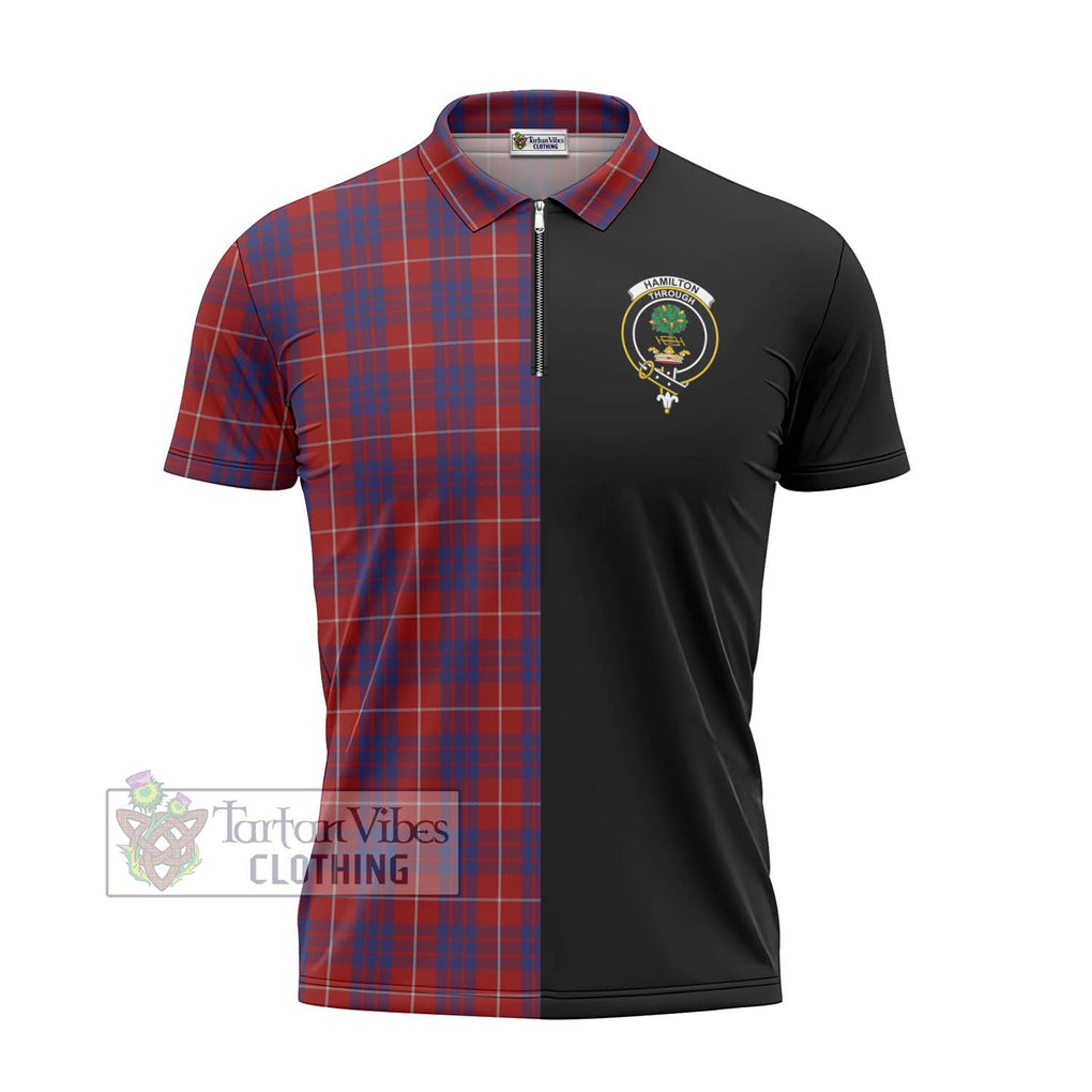 Hamilton Tartan Zipper Polo Shirt with Family Crest and Half Of Me Style - Tartanvibesclothing Shop