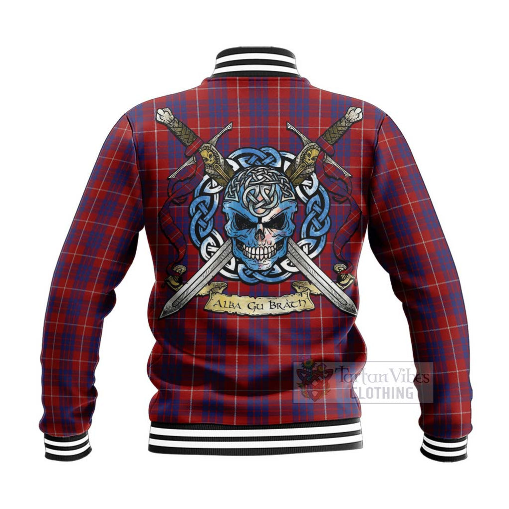 Tartan Vibes Clothing Hamilton Tartan Baseball Jacket with Family Crest Celtic Skull Style