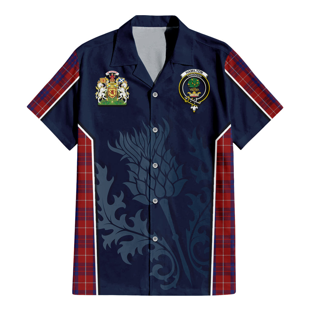 Tartan Vibes Clothing Hamilton Tartan Short Sleeve Button Up Shirt with Family Crest and Scottish Thistle Vibes Sport Style