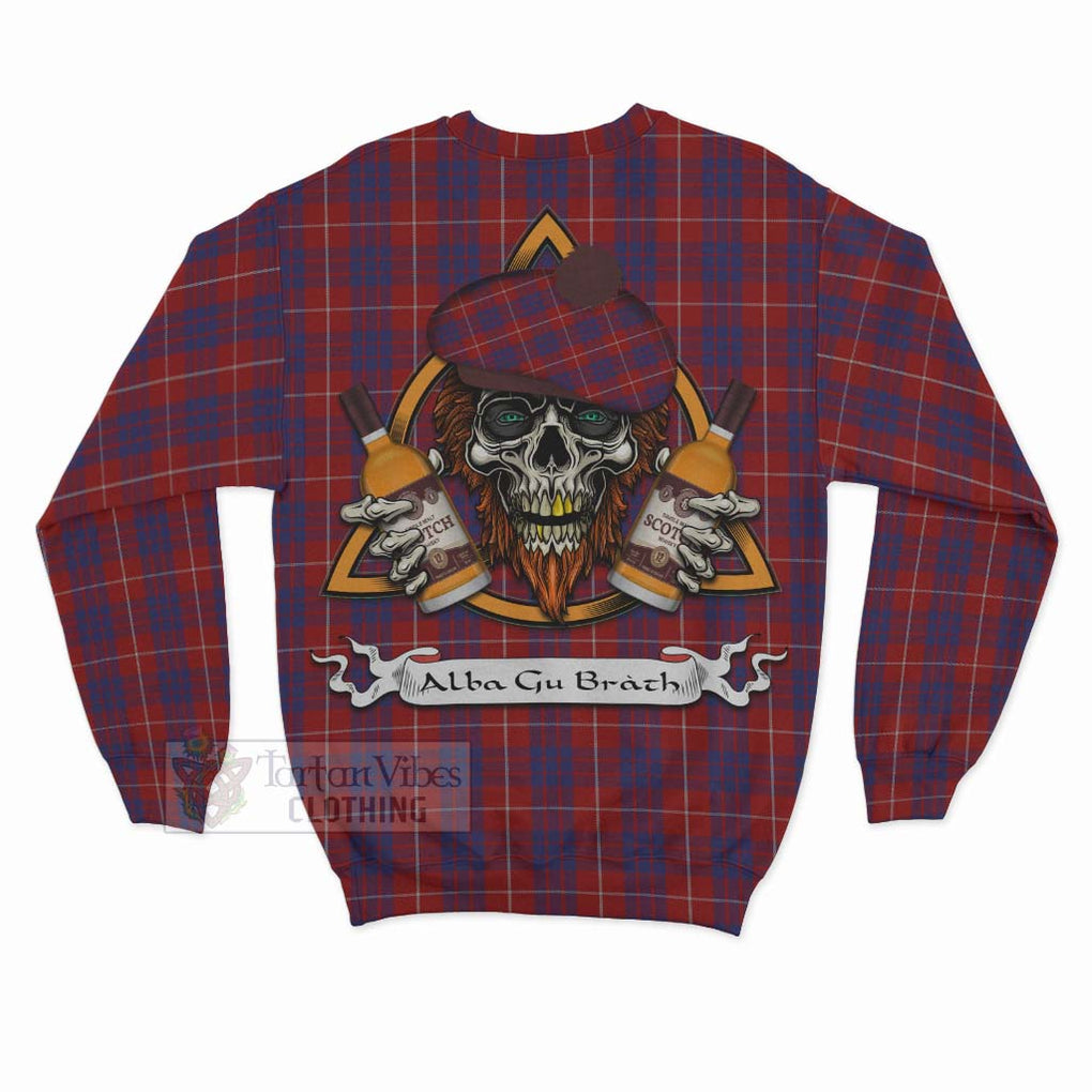 Tartan Vibes Clothing Hamilton Tartan Sweatshirt with Family Crest and Bearded Skull Holding Bottles of Whiskey