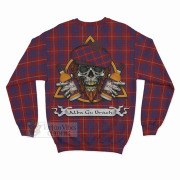 Hamilton Tartan Sweatshirt with Family Crest and Bearded Skull Holding Bottles of Whiskey