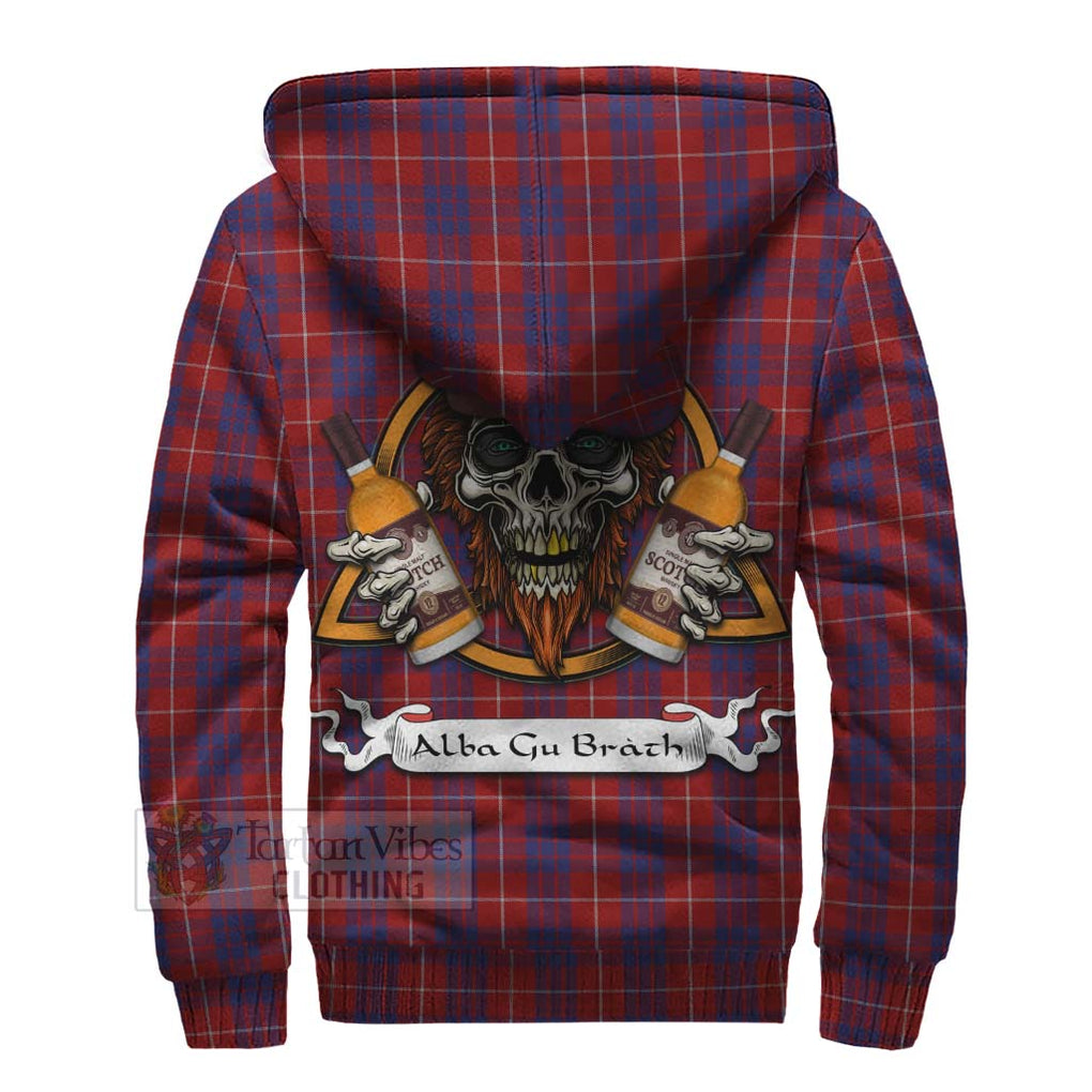 Tartan Vibes Clothing Hamilton Tartan Sherpa Hoodie with Family Crest and Bearded Skull Holding Bottles of Whiskey