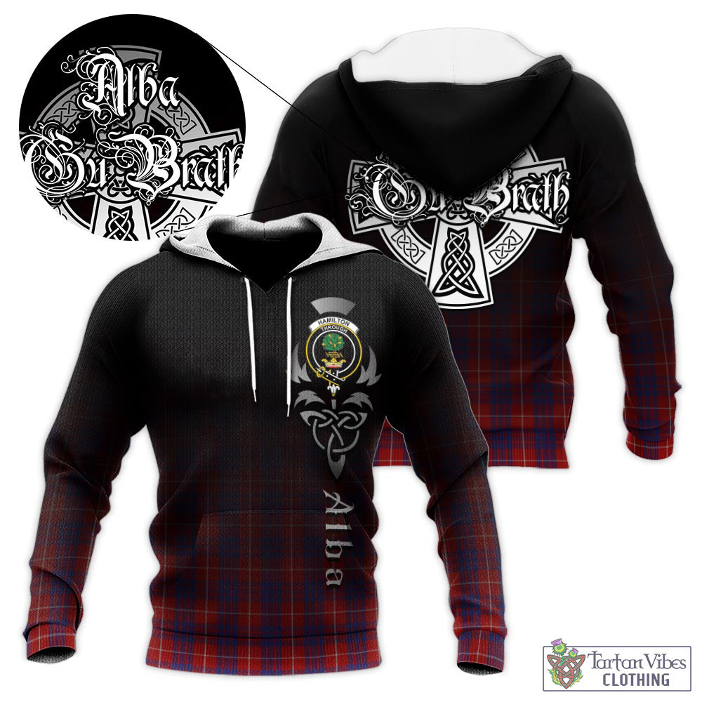 Tartan Vibes Clothing Hamilton Tartan Knitted Hoodie Featuring Alba Gu Brath Family Crest Celtic Inspired