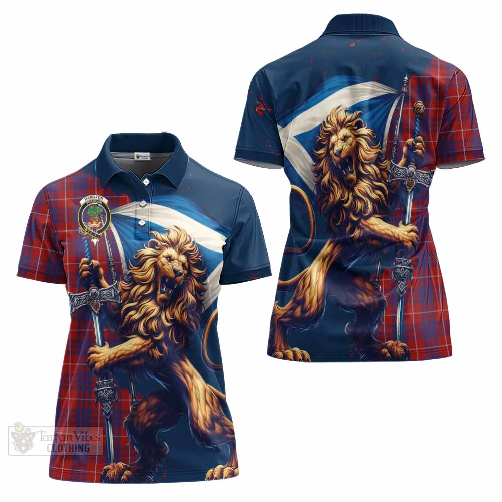 Tartan Vibes Clothing Hamilton Tartan Family Crest Women's Polo Shirt with Scottish Majestic Lion