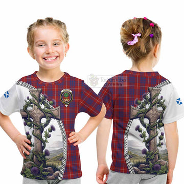 Hamilton Tartan Kid T-Shirt with Family Crest and St. Andrew's Cross Accented by Thistle Vines