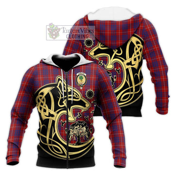 Hamilton Tartan Knitted Hoodie with Family Crest Celtic Wolf Style