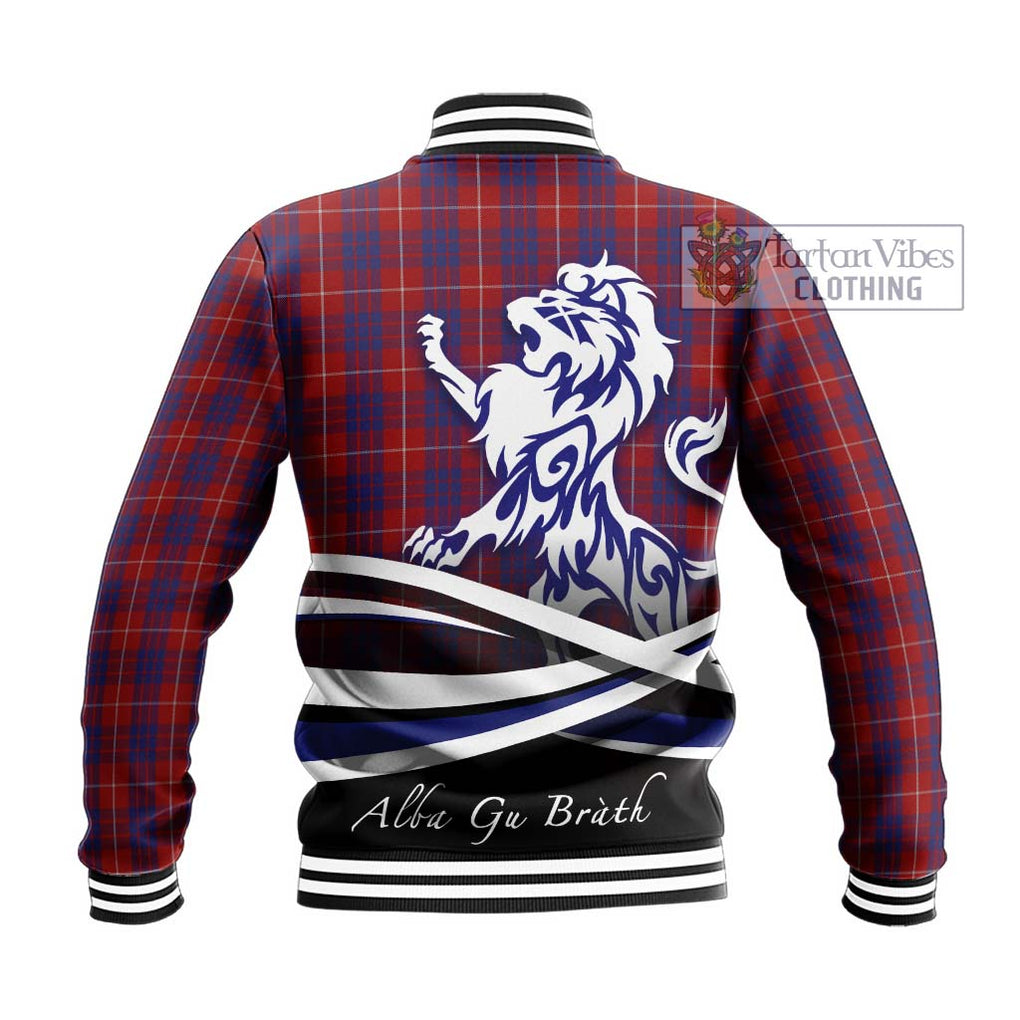 Hamilton Tartan Baseball Jacket with Alba Gu Brath Regal Lion Emblem - Tartanvibesclothing Shop