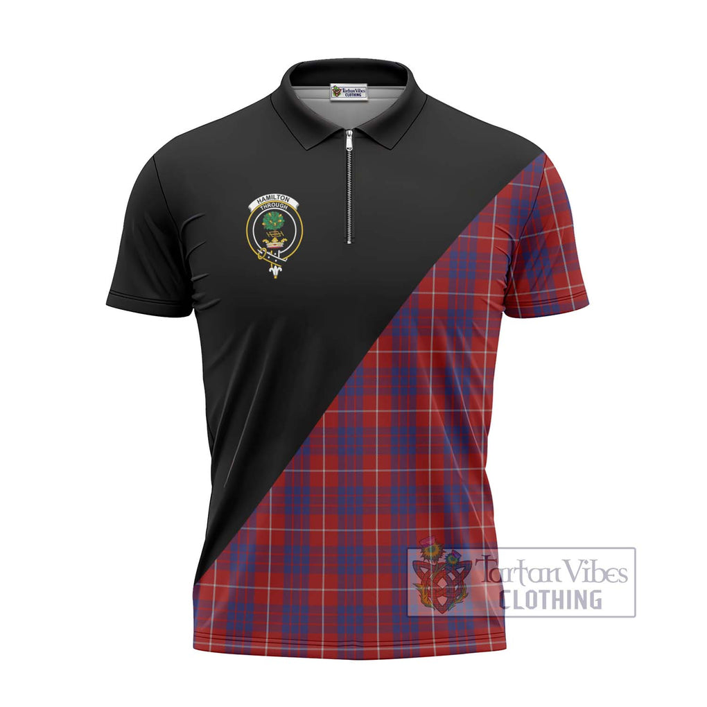 Hamilton Tartan Zipper Polo Shirt with Family Crest and Military Logo Style - Tartanvibesclothing Shop