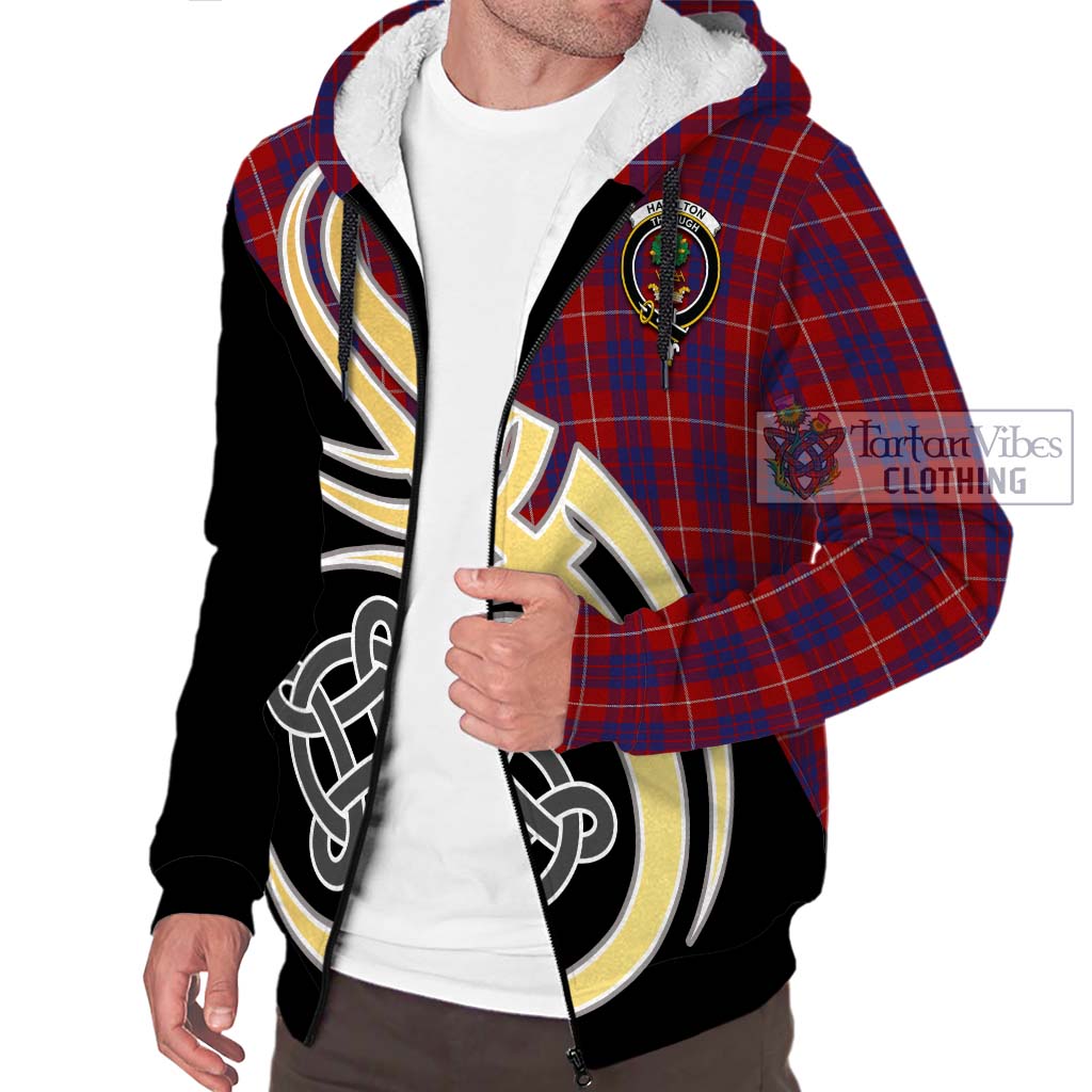 Hamilton Tartan Sherpa Hoodie with Family Crest and Celtic Symbol Style - Tartan Vibes Clothing