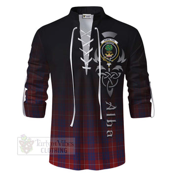 Hamilton Tartan Ghillie Kilt Shirt Featuring Alba Gu Brath Family Crest Celtic Inspired