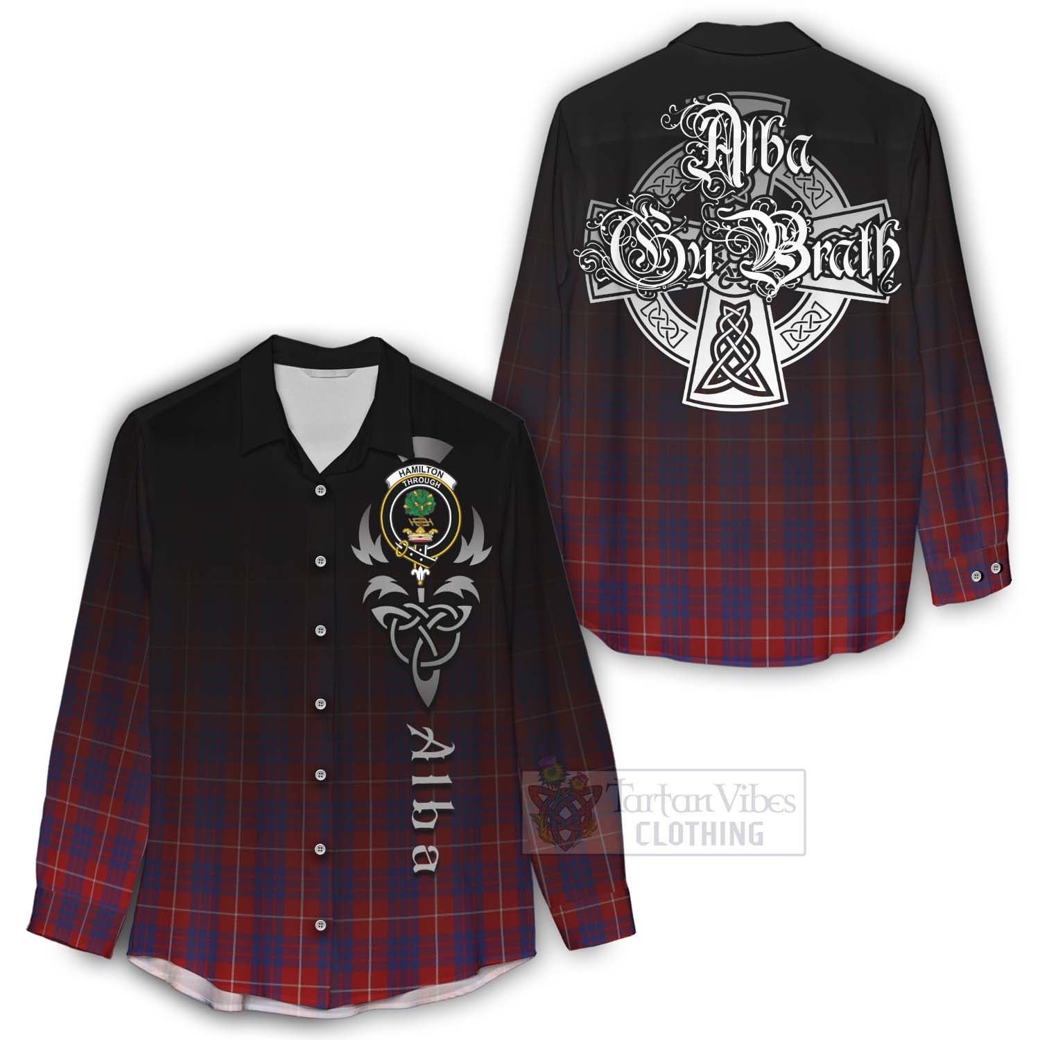 Tartan Vibes Clothing Hamilton Tartan Women's Casual Shirt Featuring Alba Gu Brath Family Crest Celtic Inspired