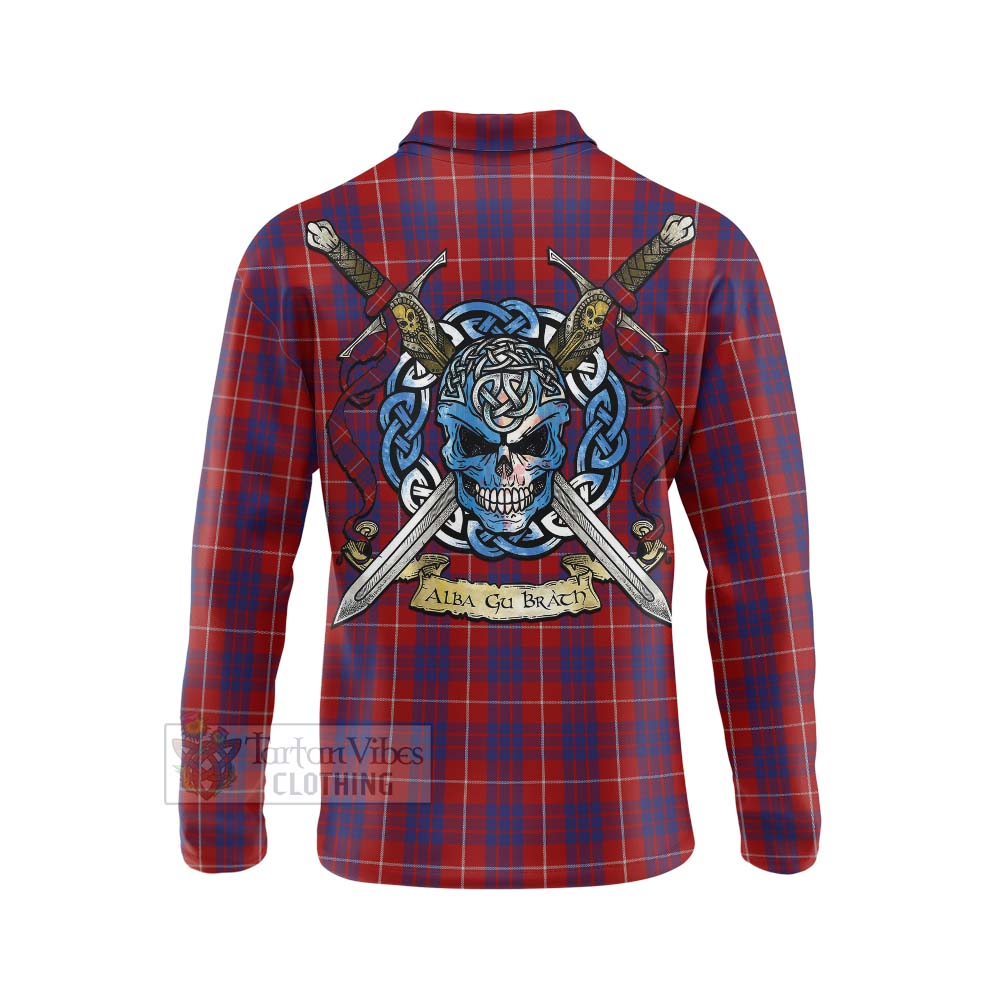 Tartan Vibes Clothing Hamilton Tartan Long Sleeve Polo Shirt with Family Crest Celtic Skull Style