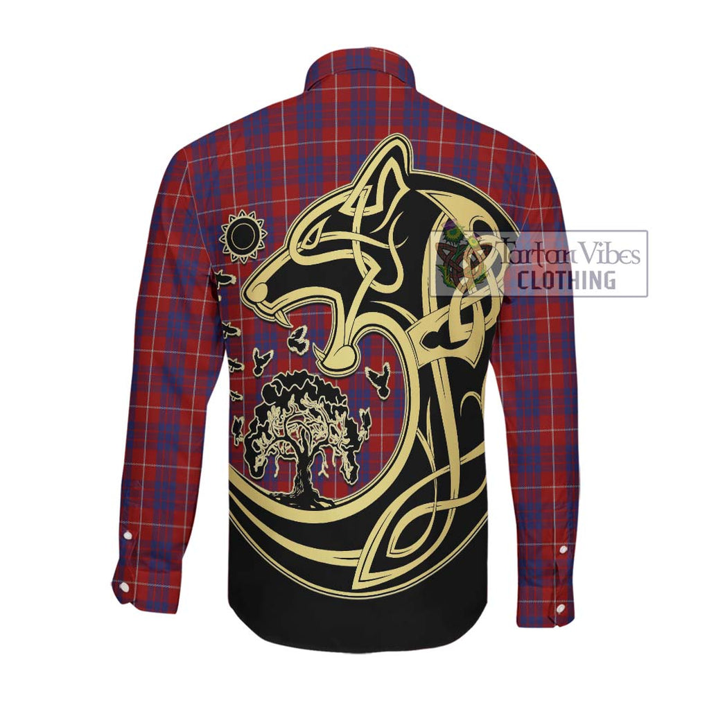 Hamilton Tartan Long Sleeve Button Shirt with Family Crest Celtic Wolf Style Men's Shirt - Tartan Vibes Clothing