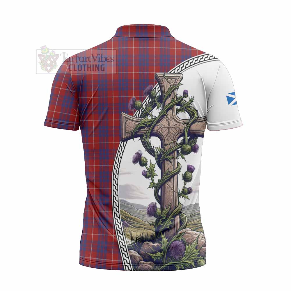 Tartan Vibes Clothing Hamilton Tartan Zipper Polo Shirt with Family Crest and St. Andrew's Cross Accented by Thistle Vines