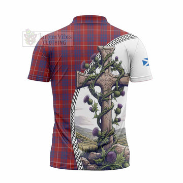 Hamilton Tartan Zipper Polo Shirt with Family Crest and St. Andrew's Cross Accented by Thistle Vines