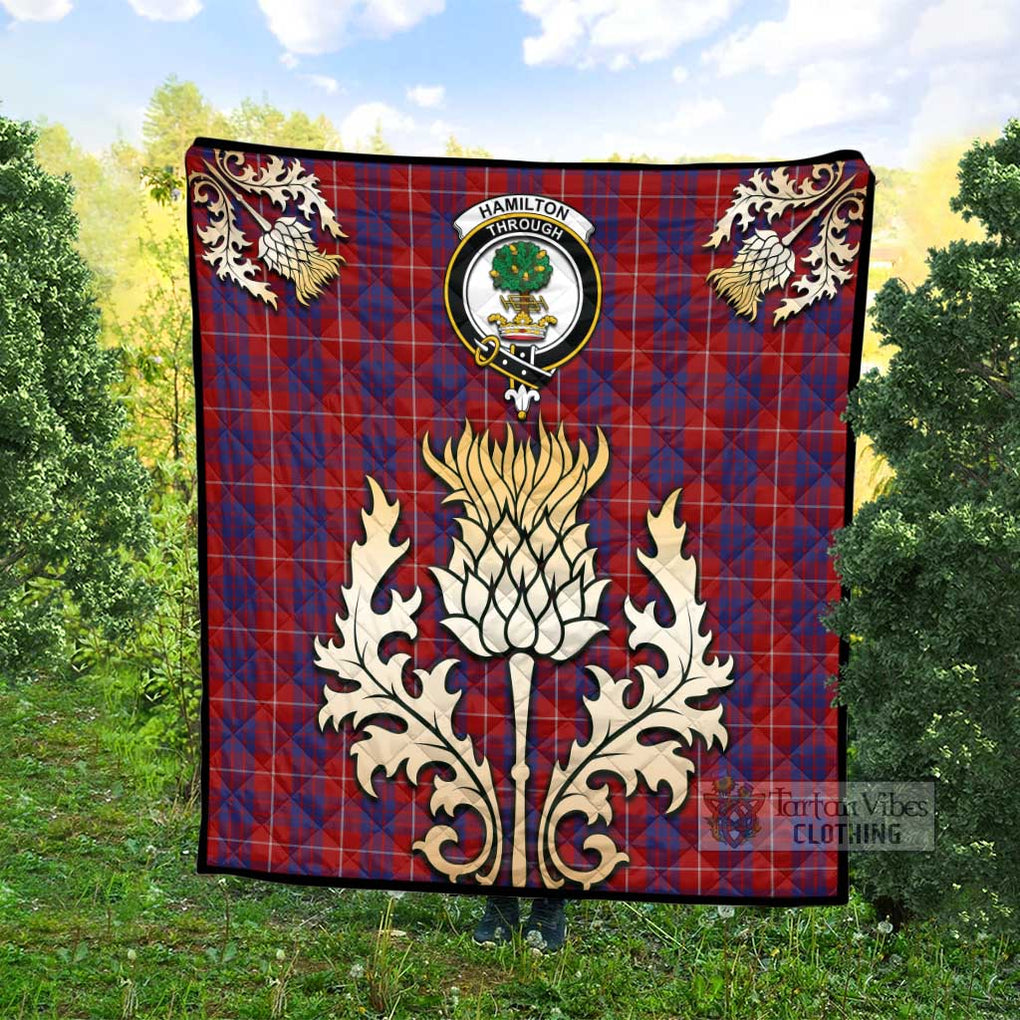 Tartan Vibes Clothing Hamilton Tartan Quilt with Family Crest and Golden Thistle Style