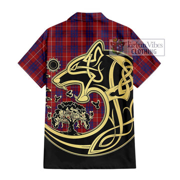 Hamilton Tartan Short Sleeve Button Shirt with Family Crest Celtic Wolf Style