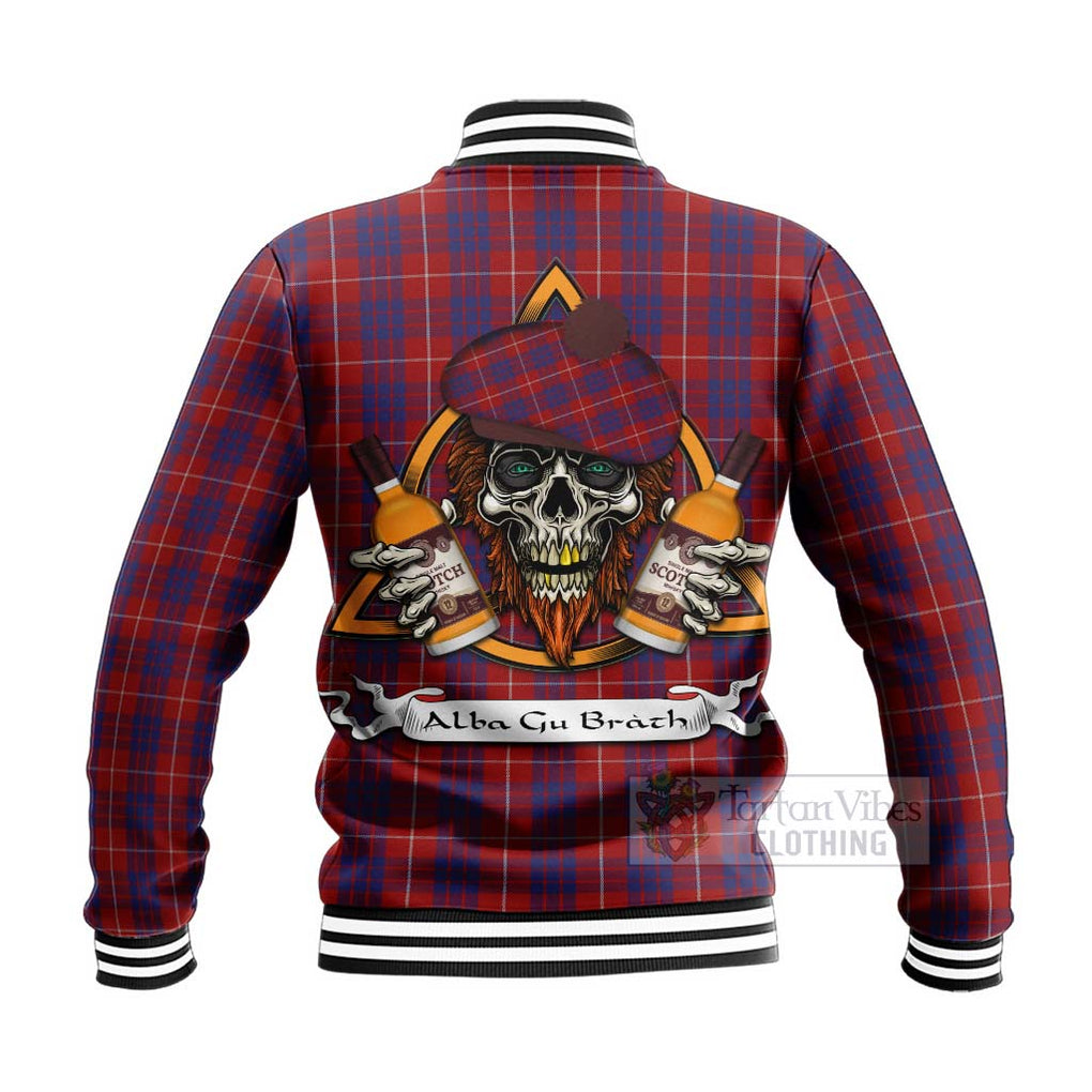 Tartan Vibes Clothing Hamilton Tartan Baseball Jacket with Family Crest and Bearded Skull Holding Bottles of Whiskey