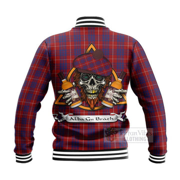 Hamilton Tartan Baseball Jacket with Family Crest and Bearded Skull Holding Bottles of Whiskey