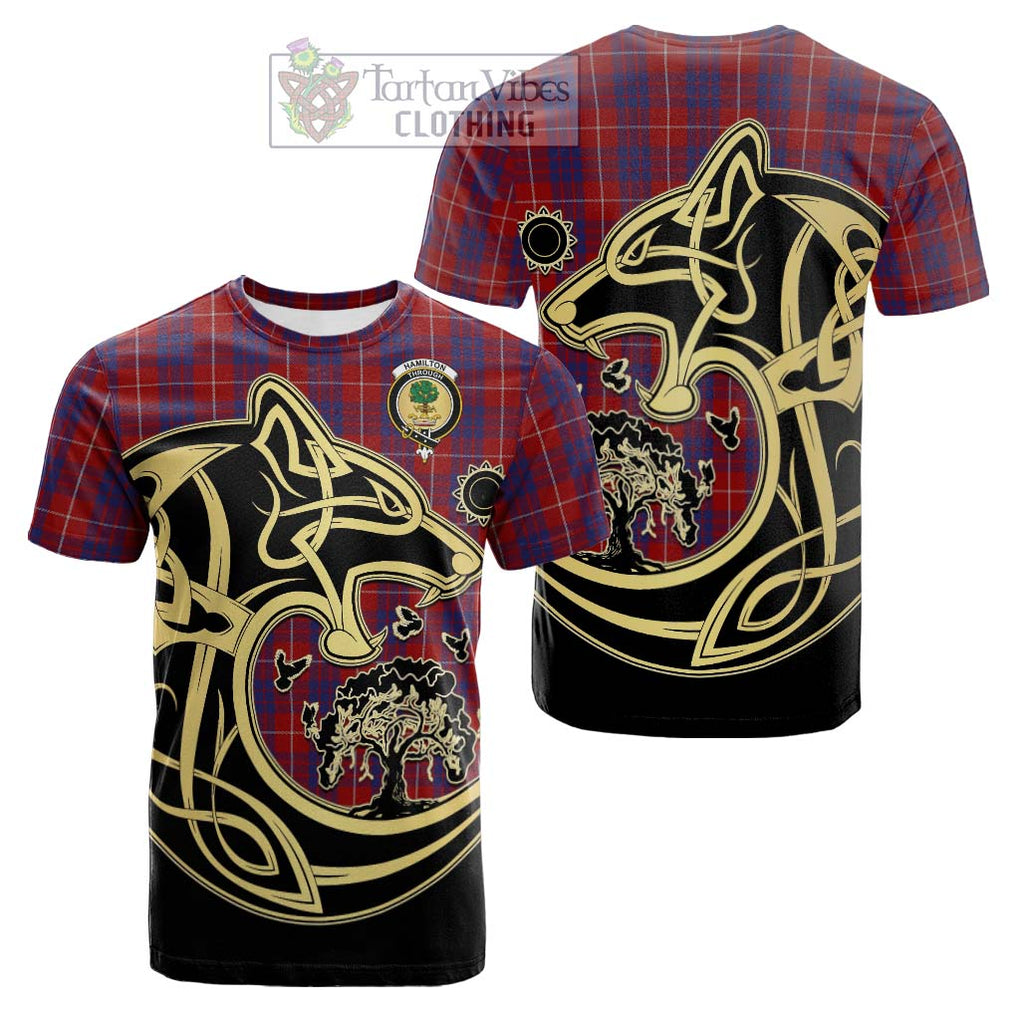 Tartan Vibes Clothing Hamilton Tartan Cotton T-shirt with Family Crest Celtic Wolf Style