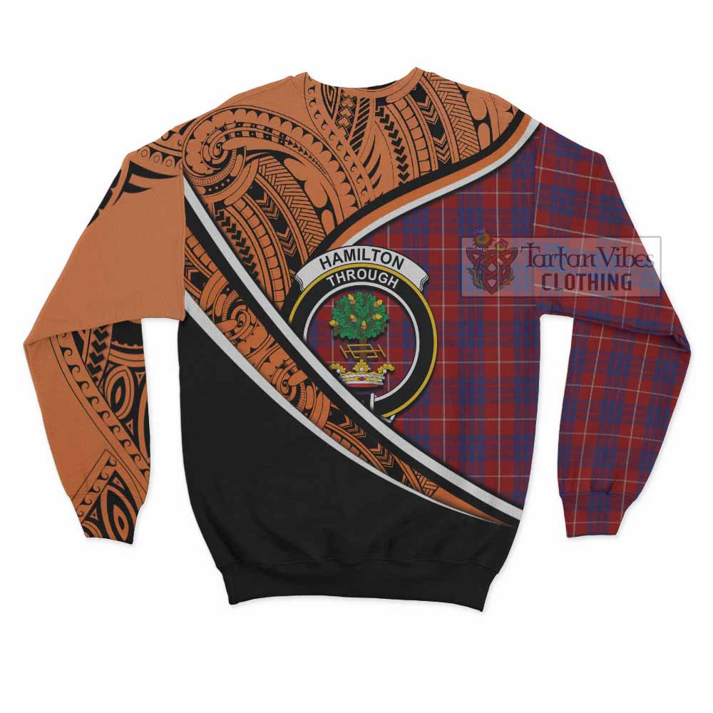 Tartan Vibes Clothing Hamilton Crest Tartan Sweatshirt with Maori Tattoo Style - Orange Version