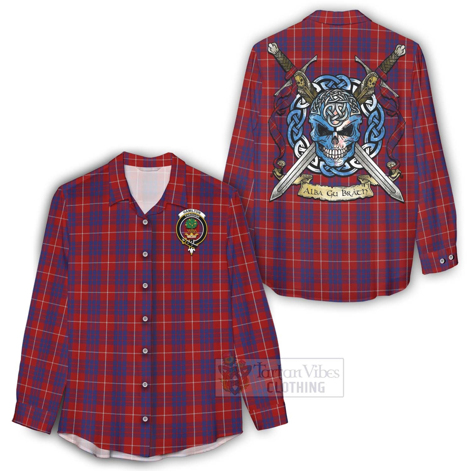 Tartan Vibes Clothing Hamilton Tartan Women's Casual Shirt with Family Crest Celtic Skull Style