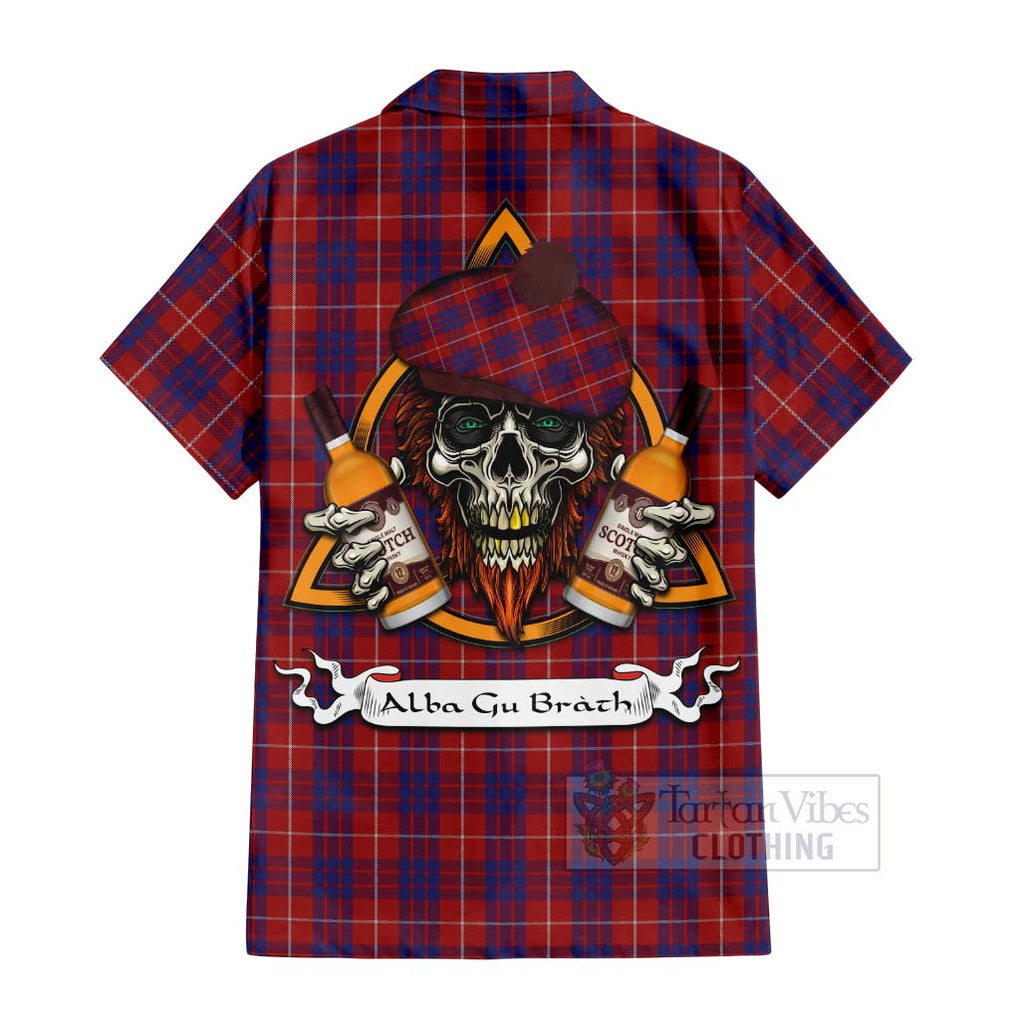 Tartan Vibes Clothing Hamilton Tartan Short Sleeve Button Shirt with Family Crest and Bearded Skull Holding Bottles of Whiskey