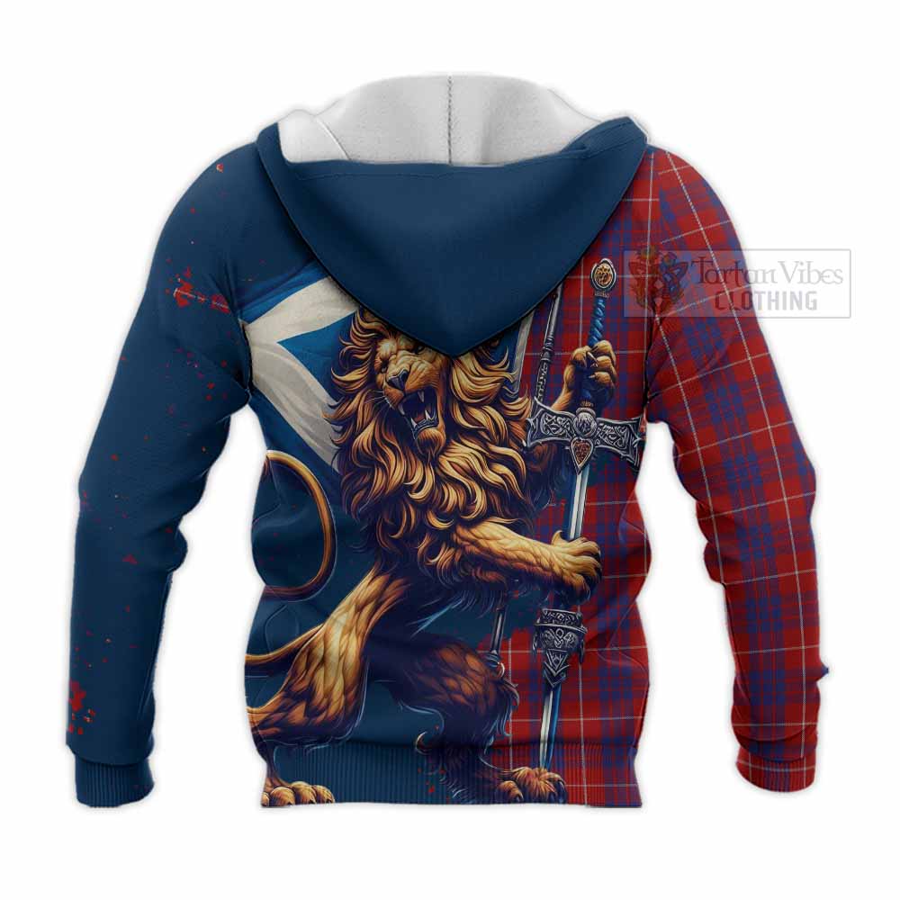 Tartan Vibes Clothing Hamilton Tartan Family Crest Knitted Hoodie with Scottish Majestic Lion