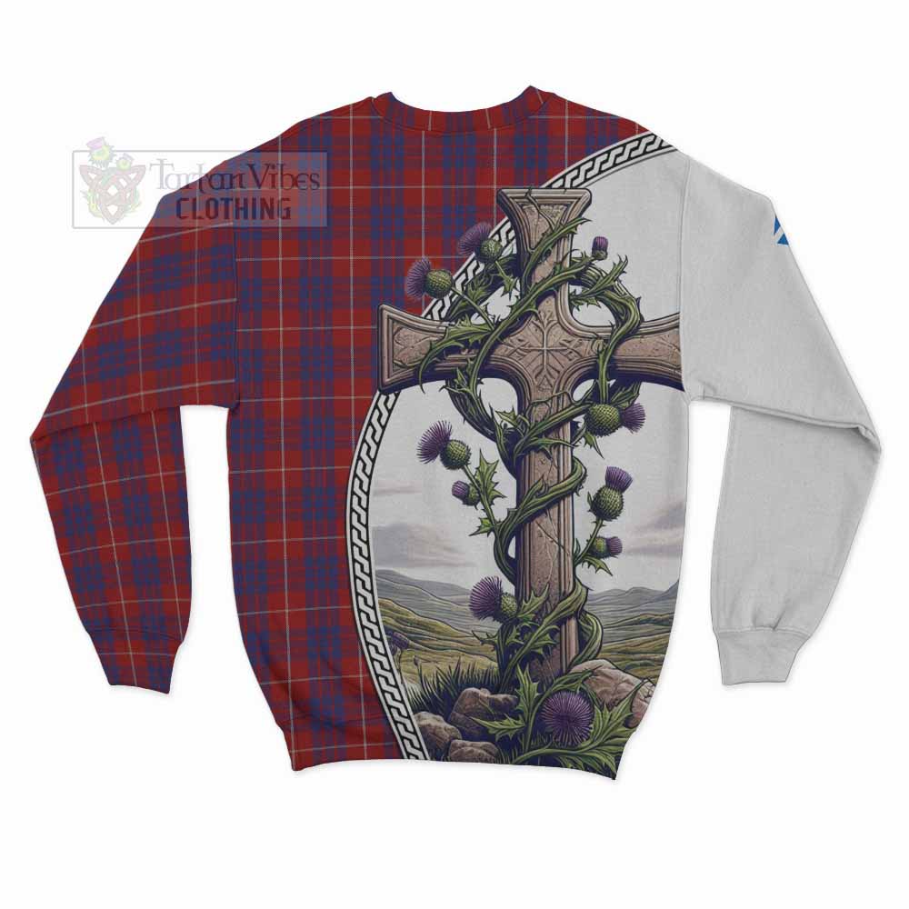 Tartan Vibes Clothing Hamilton Tartan Sweatshirt with Family Crest and St. Andrew's Cross Accented by Thistle Vines