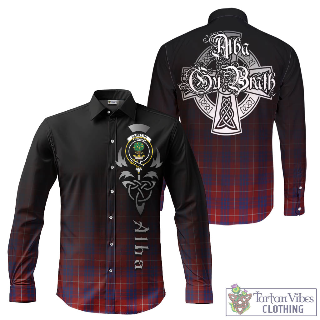 Tartan Vibes Clothing Hamilton Tartan Long Sleeve Button Up Featuring Alba Gu Brath Family Crest Celtic Inspired