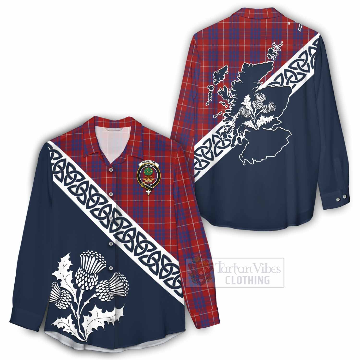 Tartan Vibes Clothing Hamilton Tartan Women's Casual Shirt Featuring Thistle and Scotland Map