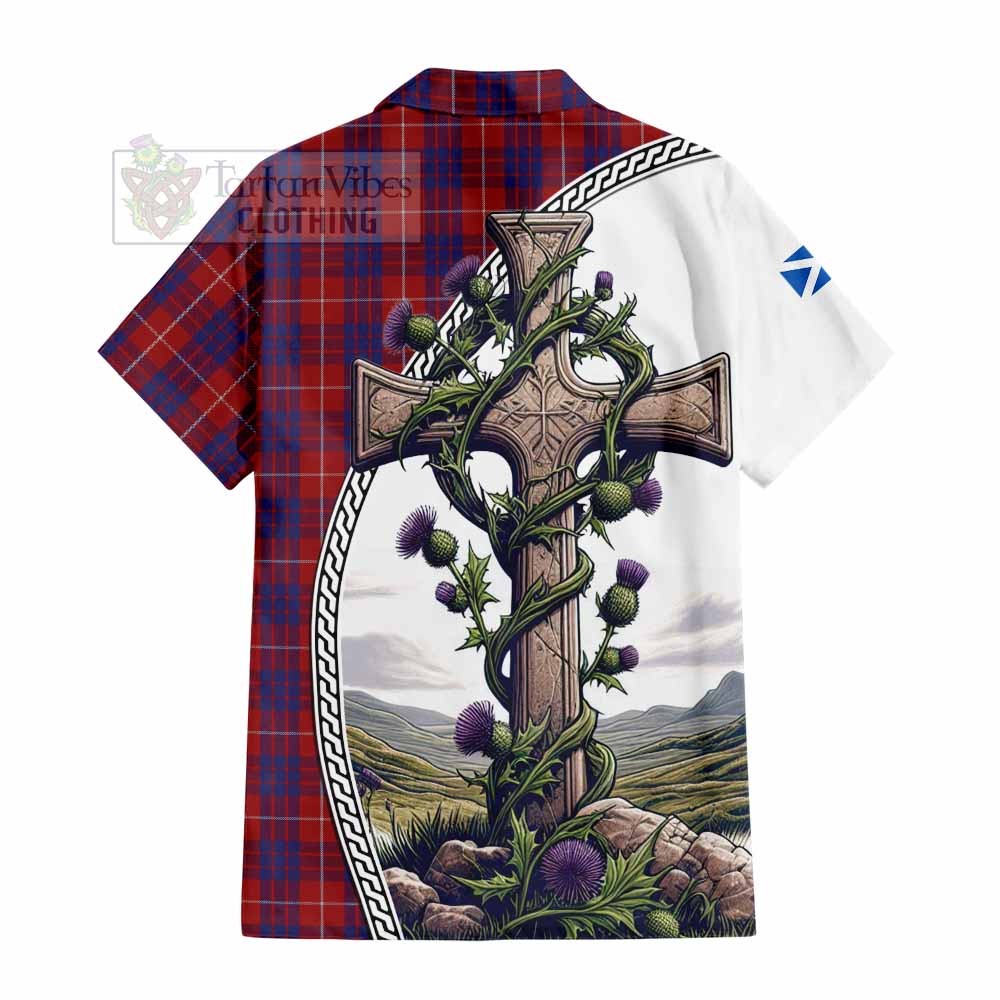 Tartan Vibes Clothing Hamilton Tartan Short Sleeve Button Shirt with Family Crest and St. Andrew's Cross Accented by Thistle Vines