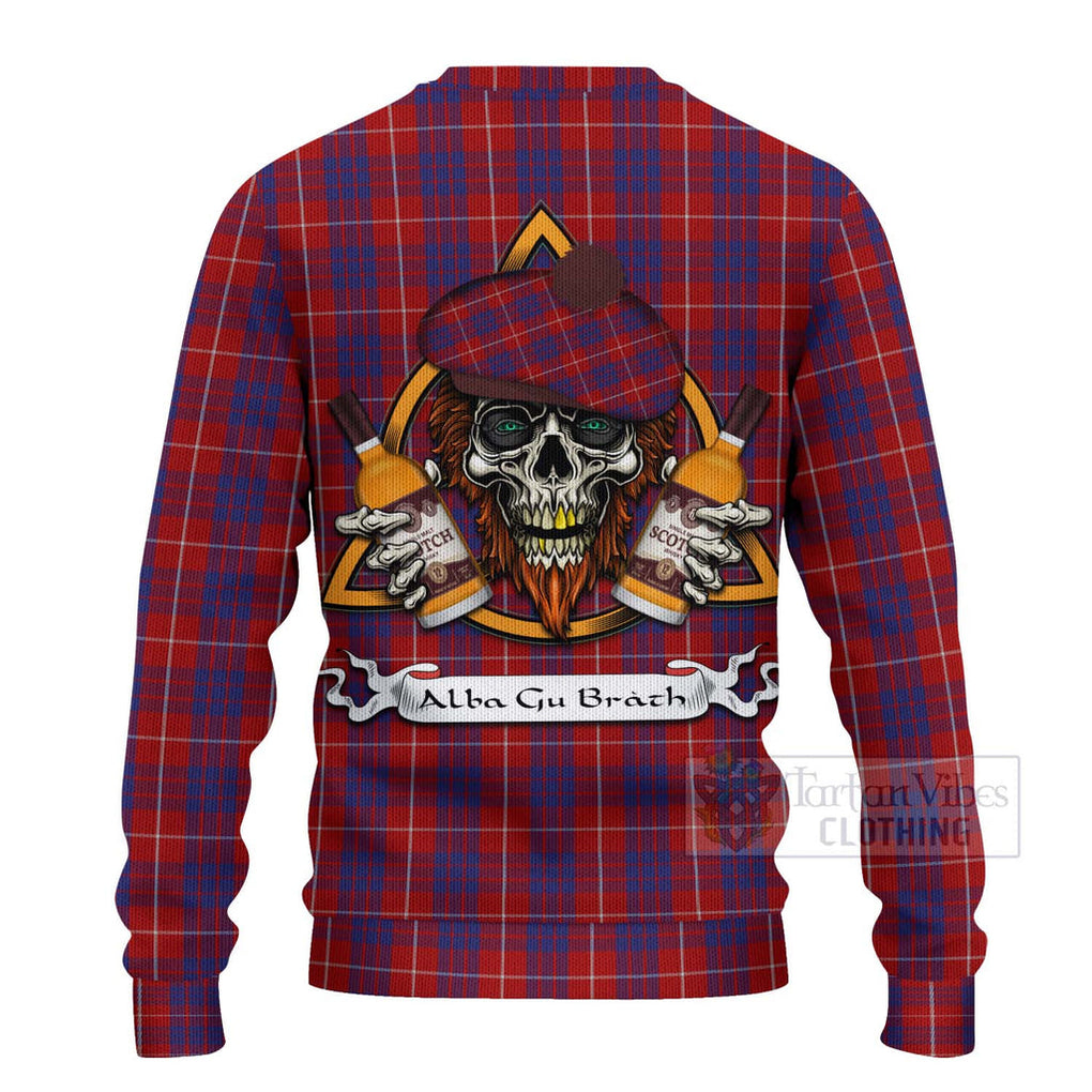 Tartan Vibes Clothing Hamilton Tartan Knitted Sweater with Family Crest and Bearded Skull Holding Bottles of Whiskey