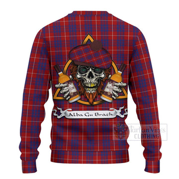 Hamilton Tartan Ugly Sweater with Family Crest and Bearded Skull Holding Bottles of Whiskey