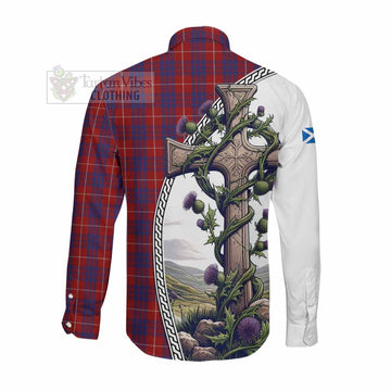 Hamilton Tartan Long Sleeve Button Shirt with Family Crest and St. Andrew's Cross Accented by Thistle Vines