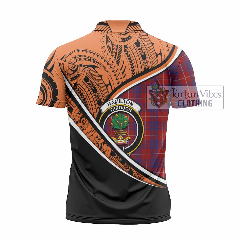 Tartan Vibes Clothing Hamilton Crest Tartan Zipper Polo Shirt with Maori Tattoo Style - Orange Version