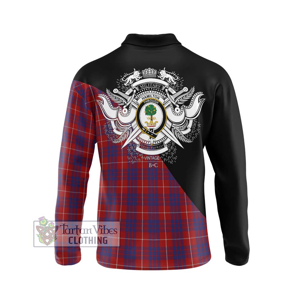 Hamilton Tartan Long Sleeve Polo Shirt with Family Crest and Military Logo Style - Tartanvibesclothing Shop