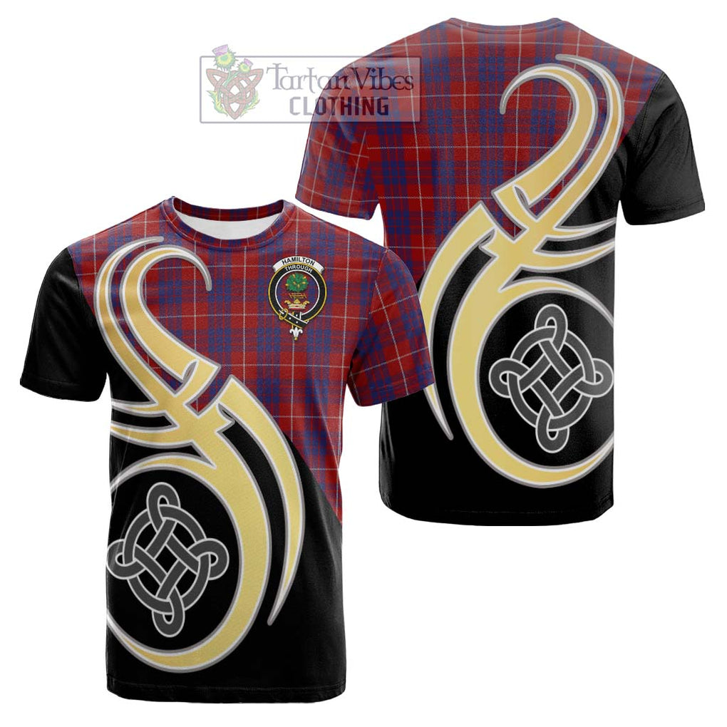 Tartan Vibes Clothing Hamilton Tartan Cotton T-shirt with Family Crest and Celtic Symbol Style