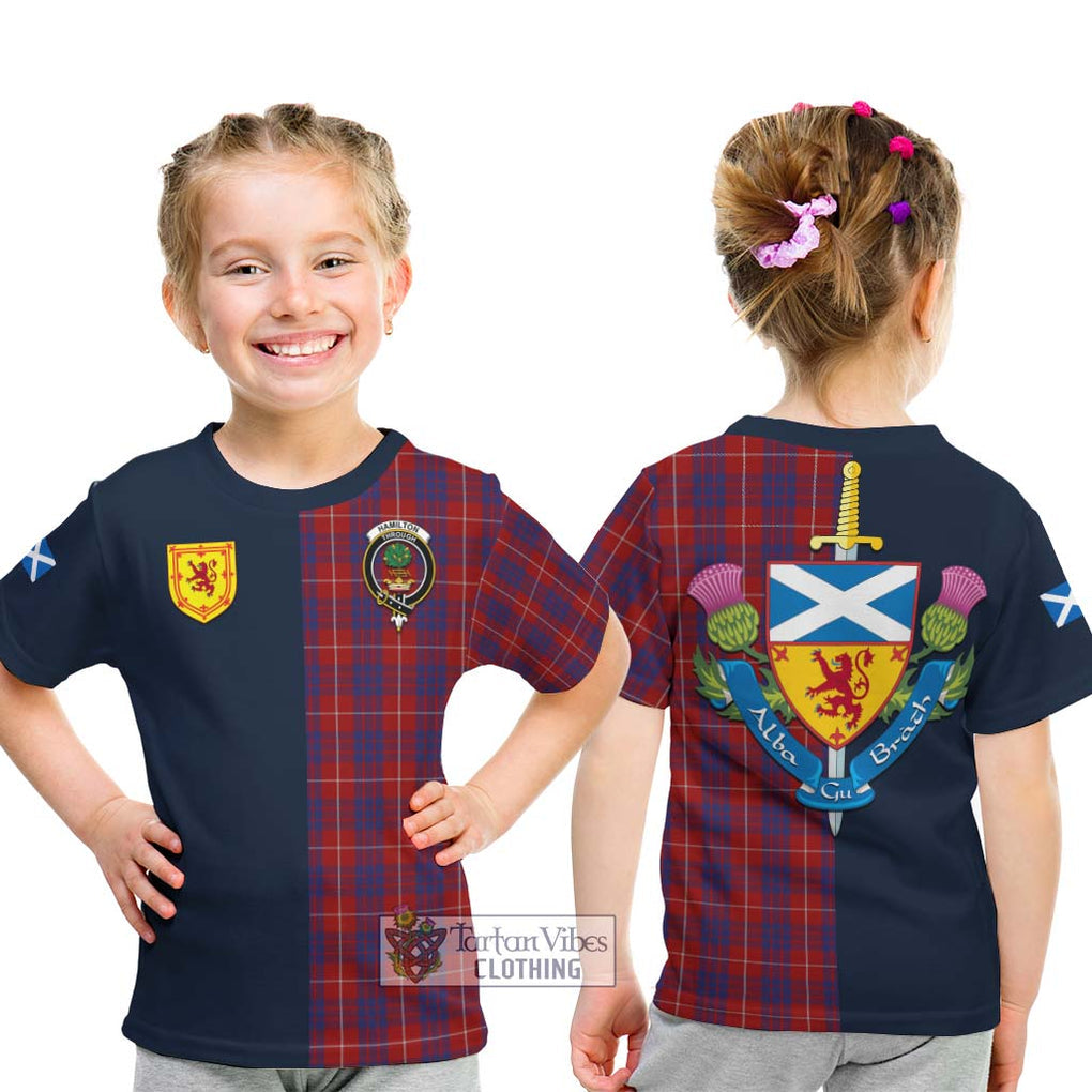 Tartan Vibes Clothing Hamilton Tartan Kid T-Shirt with Scottish Lion Royal Arm Half Style