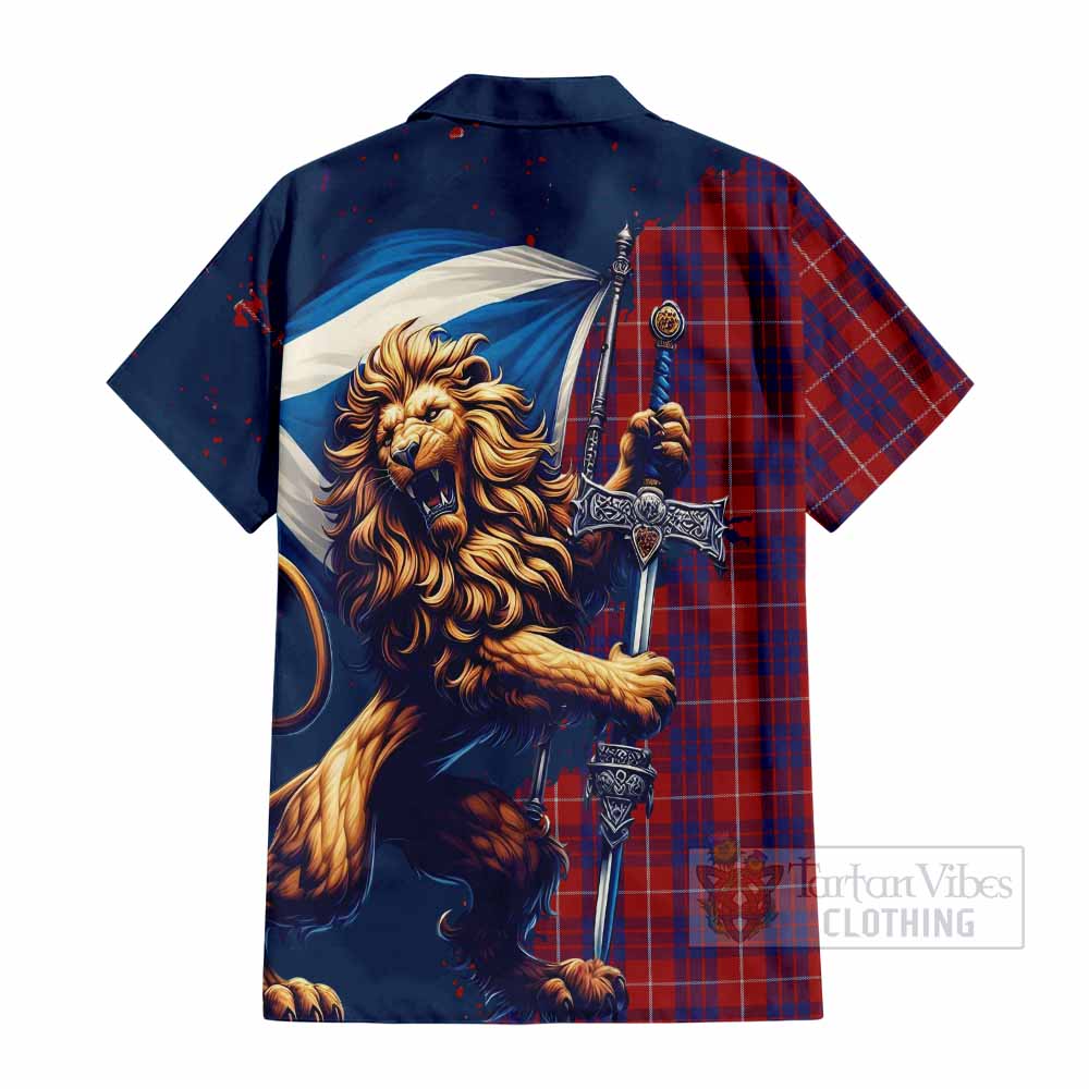 Tartan Vibes Clothing Hamilton Tartan Family Crest Short Sleeve Button Shirt with Scottish Majestic Lion