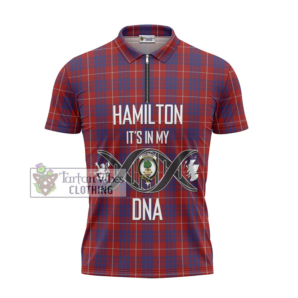 Hamilton Tartan Zipper Polo Shirt with Family Crest DNA In Me Style - Tartanvibesclothing Shop