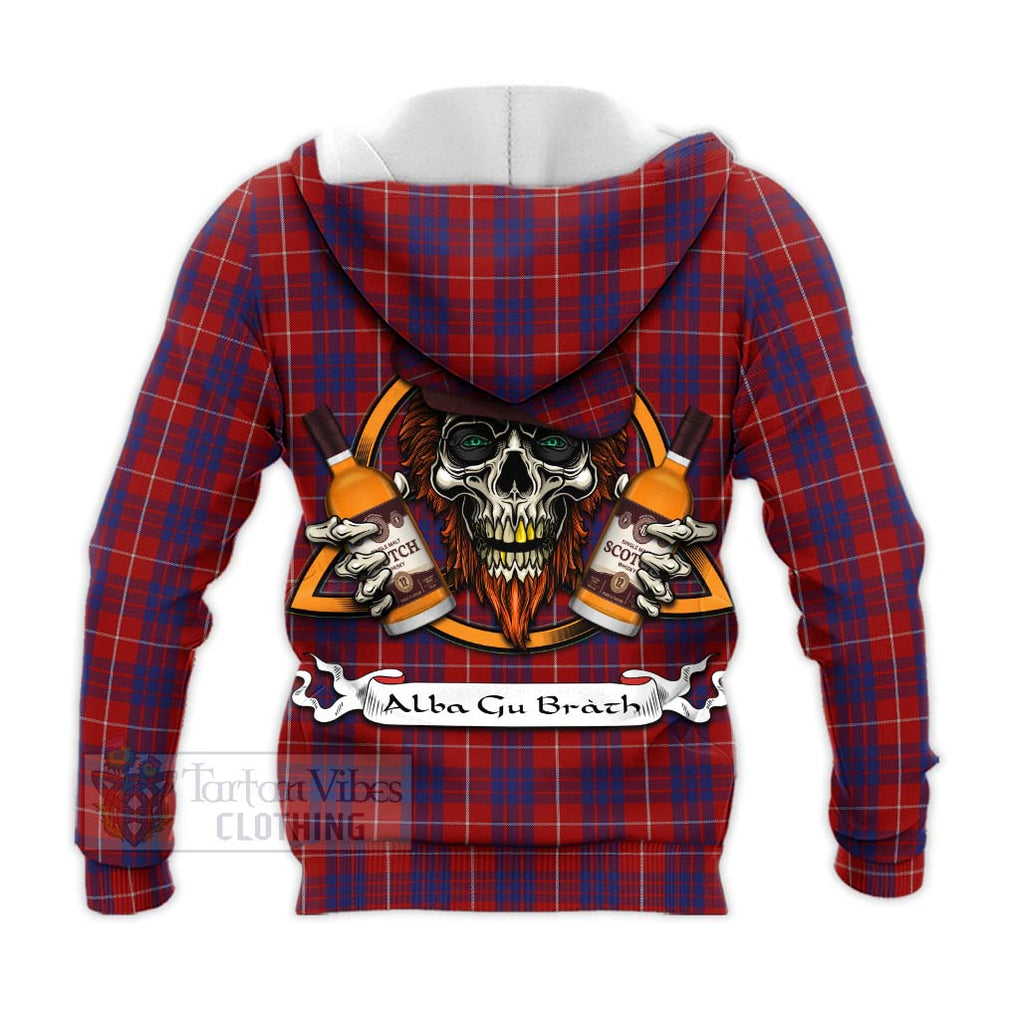 Tartan Vibes Clothing Hamilton Tartan Knitted Hoodie with Family Crest and Bearded Skull Holding Bottles of Whiskey