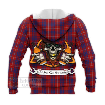 Hamilton Tartan Knitted Hoodie with Family Crest and Bearded Skull Holding Bottles of Whiskey