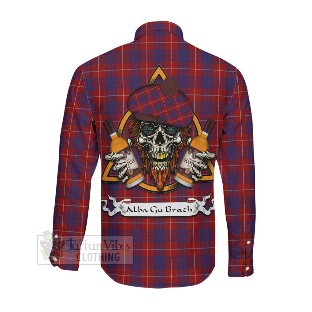 Tartan Vibes Clothing Hamilton Tartan Long Sleeve Button Shirt with Family Crest and Bearded Skull Holding Bottles of Whiskey