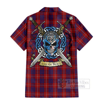 Hamilton Tartan Short Sleeve Button Shirt with Family Crest Celtic Skull Style