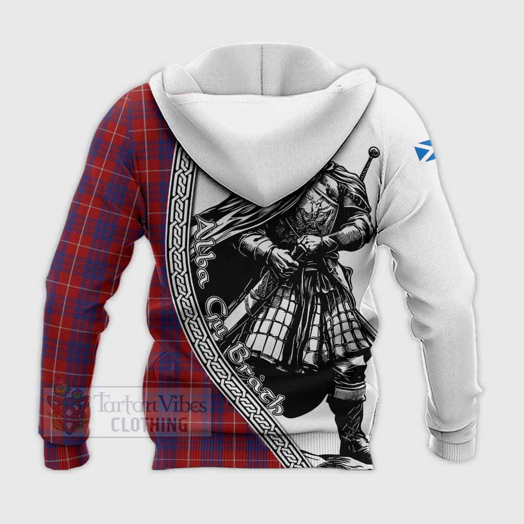 Tartan Vibes Clothing Hamilton Tartan Clan Crest Knitted Hoodie with Highlander Warrior Celtic Style